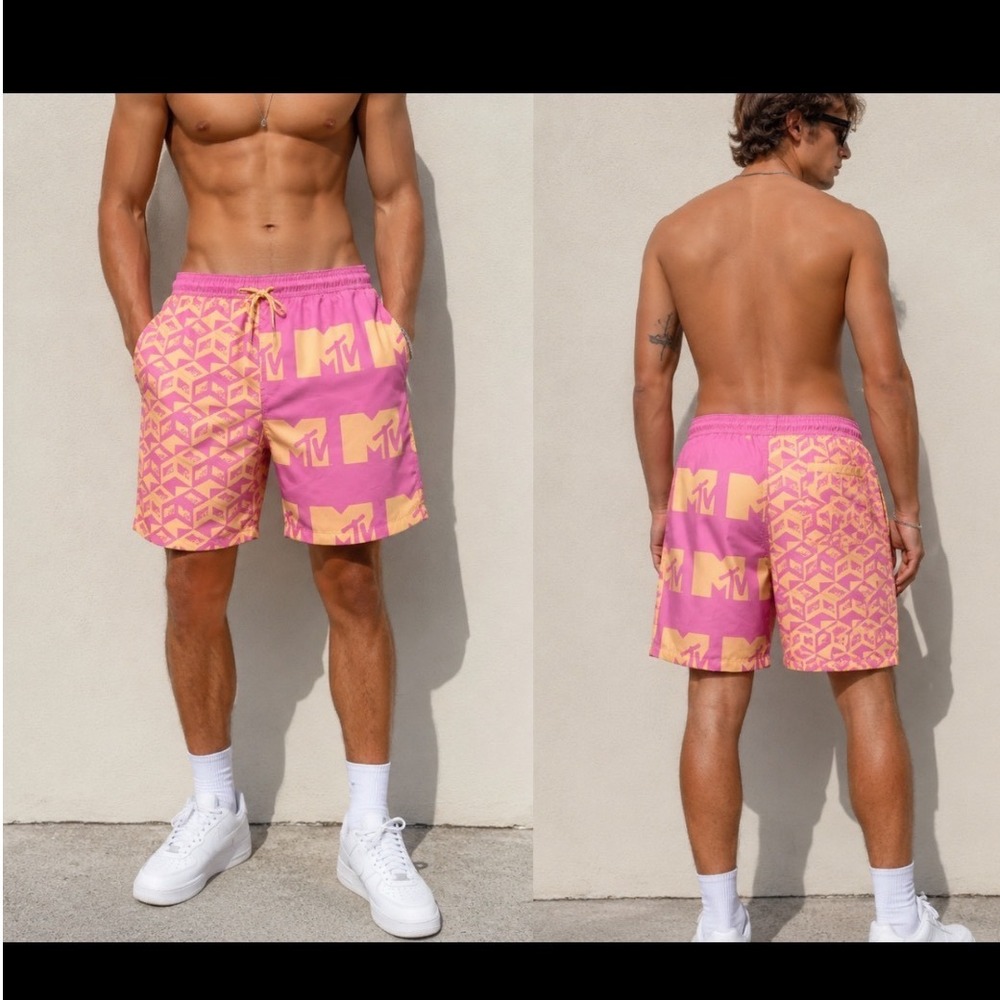 MTV Mens Pink‎ Yellow Logo Print Swim Trunks Board Shorts XXL Retro 2024 Y2K